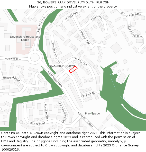 36, BOWERS PARK DRIVE, PLYMOUTH, PL6 7SH: Location map and indicative extent of plot