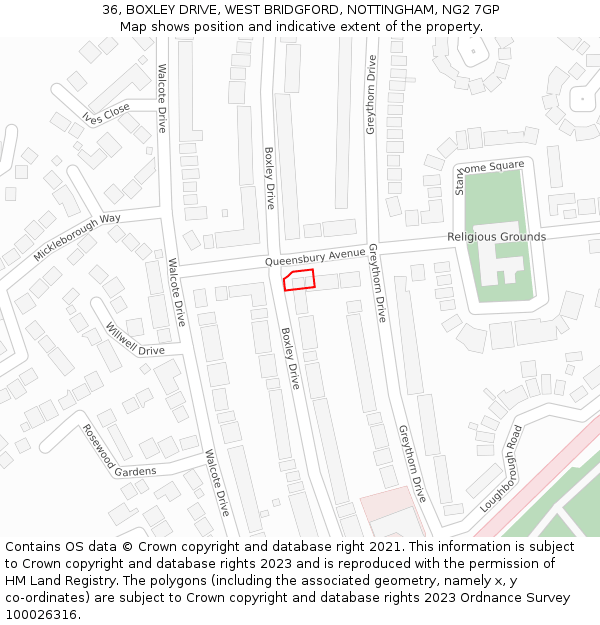 36, BOXLEY DRIVE, WEST BRIDGFORD, NOTTINGHAM, NG2 7GP: Location map and indicative extent of plot