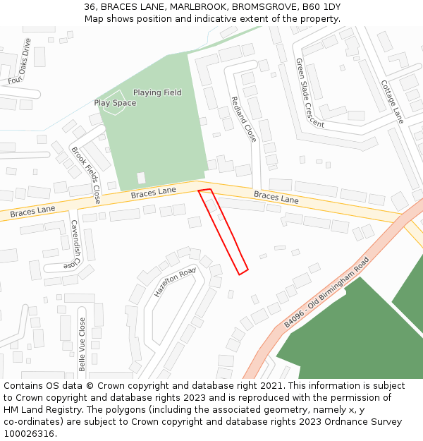 36, BRACES LANE, MARLBROOK, BROMSGROVE, B60 1DY: Location map and indicative extent of plot