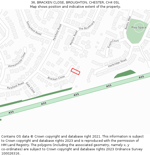 36, BRACKEN CLOSE, BROUGHTON, CHESTER, CH4 0SL: Location map and indicative extent of plot