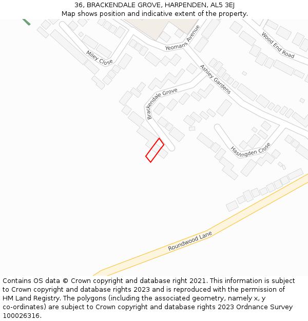 36, BRACKENDALE GROVE, HARPENDEN, AL5 3EJ: Location map and indicative extent of plot