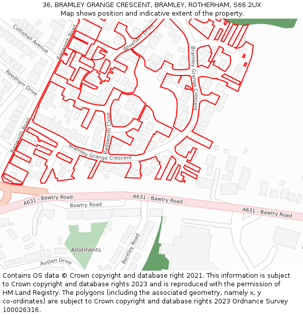 36, BRAMLEY GRANGE CRESCENT, BRAMLEY, ROTHERHAM, S66 2UX: Location map and indicative extent of plot