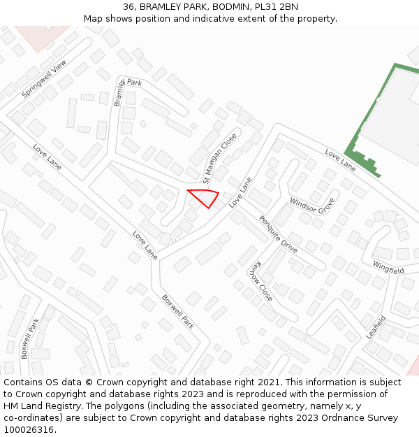 36, BRAMLEY PARK, BODMIN, PL31 2BN: Location map and indicative extent of plot