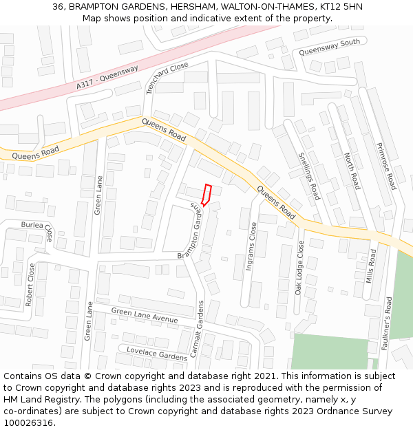 36, BRAMPTON GARDENS, HERSHAM, WALTON-ON-THAMES, KT12 5HN: Location map and indicative extent of plot