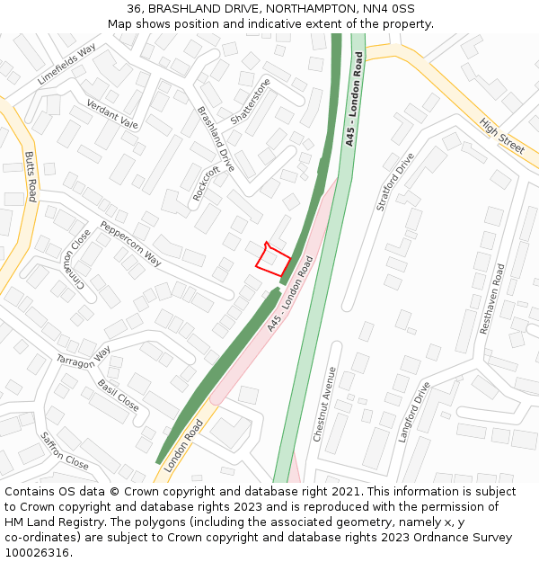 36, BRASHLAND DRIVE, NORTHAMPTON, NN4 0SS: Location map and indicative extent of plot