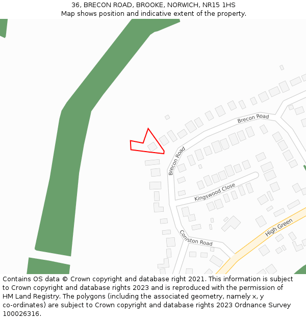 36, BRECON ROAD, BROOKE, NORWICH, NR15 1HS: Location map and indicative extent of plot