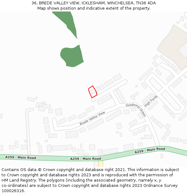 36, BREDE VALLEY VIEW, ICKLESHAM, WINCHELSEA, TN36 4DA: Location map and indicative extent of plot