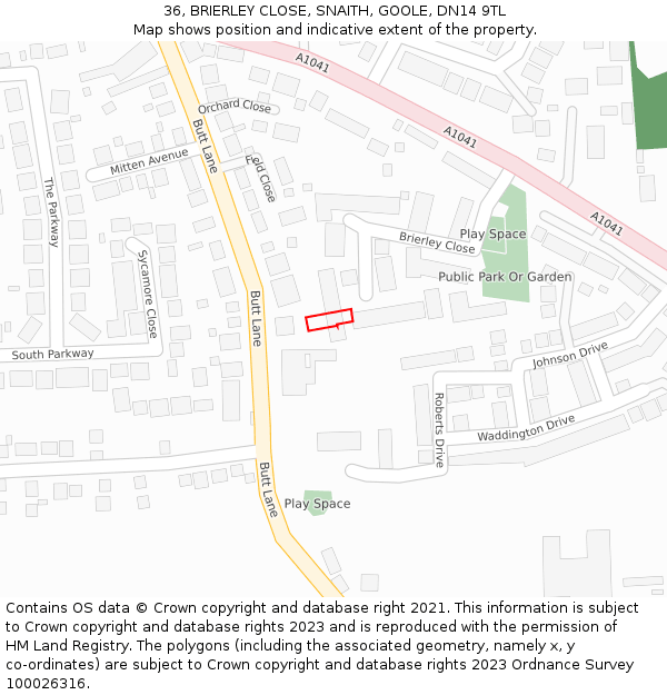 36, BRIERLEY CLOSE, SNAITH, GOOLE, DN14 9TL: Location map and indicative extent of plot