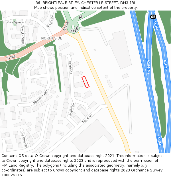 36, BRIGHTLEA, BIRTLEY, CHESTER LE STREET, DH3 1RL: Location map and indicative extent of plot