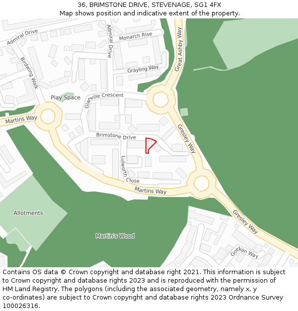 36, BRIMSTONE DRIVE, STEVENAGE, SG1 4FX: Location map and indicative extent of plot