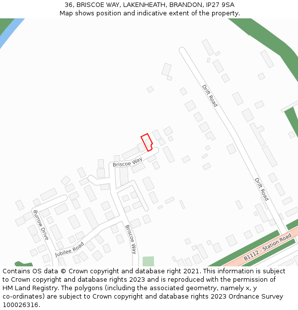 36, BRISCOE WAY, LAKENHEATH, BRANDON, IP27 9SA: Location map and indicative extent of plot