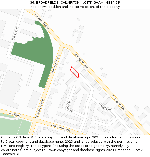 36, BROADFIELDS, CALVERTON, NOTTINGHAM, NG14 6JP: Location map and indicative extent of plot