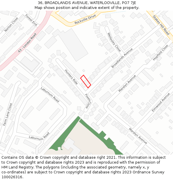 36, BROADLANDS AVENUE, WATERLOOVILLE, PO7 7JE: Location map and indicative extent of plot