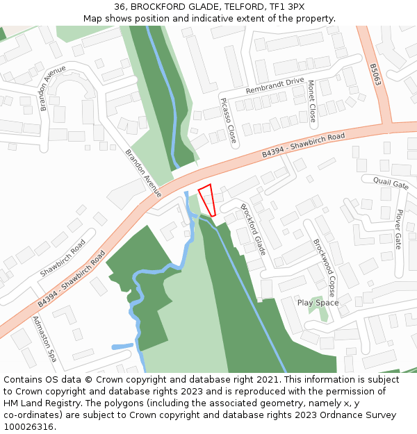 36, BROCKFORD GLADE, TELFORD, TF1 3PX: Location map and indicative extent of plot