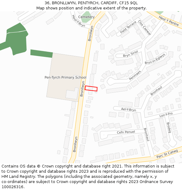 36, BRONLLWYN, PENTYRCH, CARDIFF, CF15 9QL: Location map and indicative extent of plot