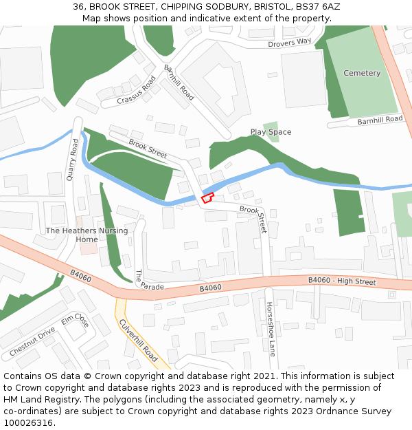 36, BROOK STREET, CHIPPING SODBURY, BRISTOL, BS37 6AZ: Location map and indicative extent of plot