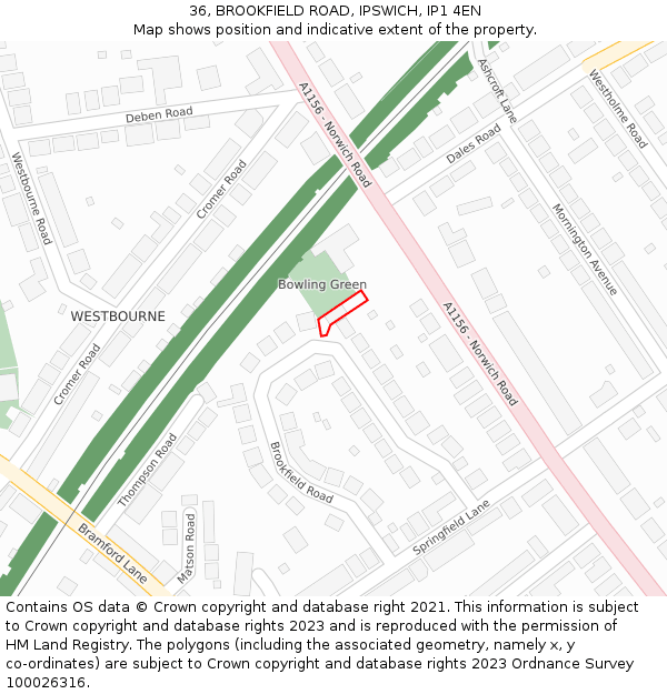 36, BROOKFIELD ROAD, IPSWICH, IP1 4EN: Location map and indicative extent of plot