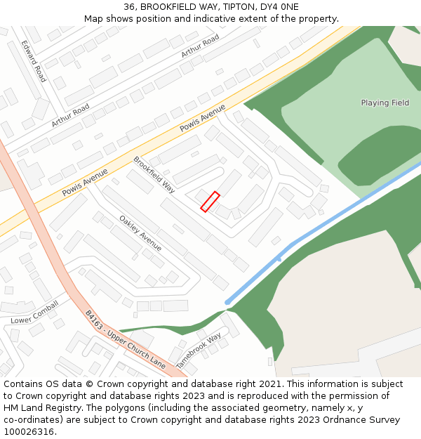 36, BROOKFIELD WAY, TIPTON, DY4 0NE: Location map and indicative extent of plot