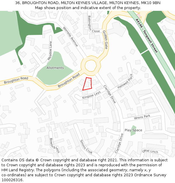 36, BROUGHTON ROAD, MILTON KEYNES VILLAGE, MILTON KEYNES, MK10 9BN: Location map and indicative extent of plot