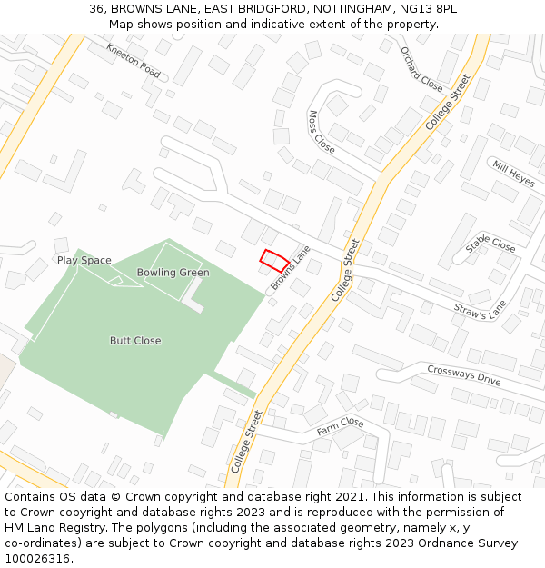 36, BROWNS LANE, EAST BRIDGFORD, NOTTINGHAM, NG13 8PL: Location map and indicative extent of plot