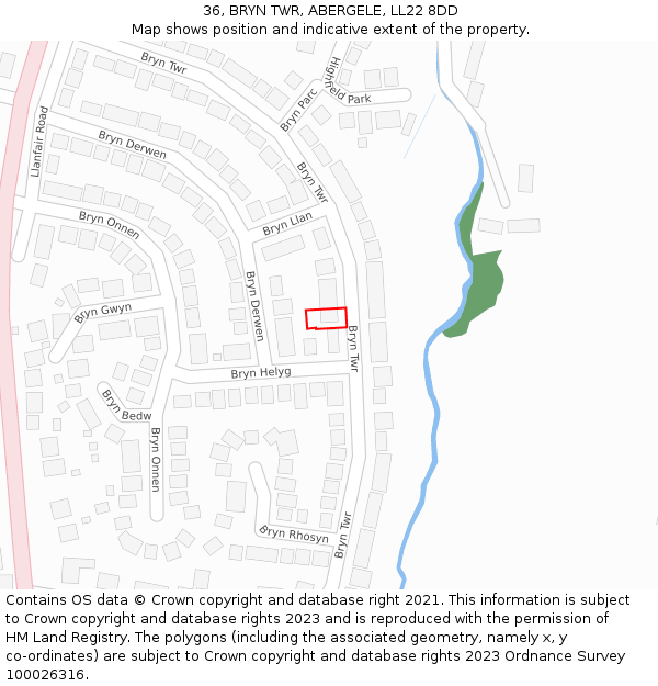 36, BRYN TWR, ABERGELE, LL22 8DD: Location map and indicative extent of plot