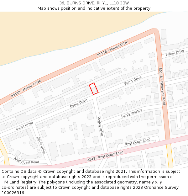 36, BURNS DRIVE, RHYL, LL18 3BW: Location map and indicative extent of plot