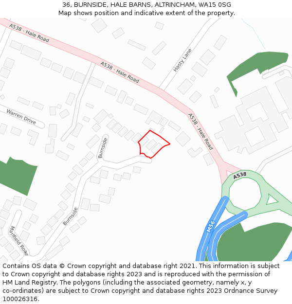 36, BURNSIDE, HALE BARNS, ALTRINCHAM, WA15 0SG: Location map and indicative extent of plot