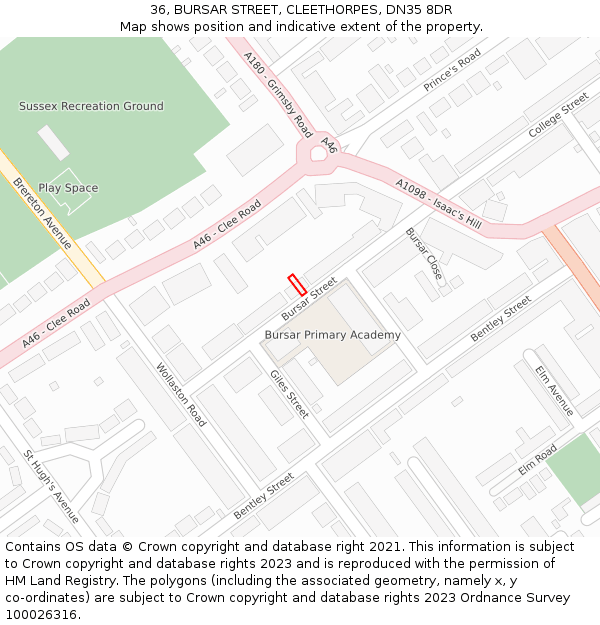 36, BURSAR STREET, CLEETHORPES, DN35 8DR: Location map and indicative extent of plot