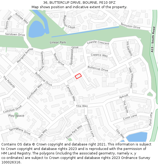 36, BUTTERCUP DRIVE, BOURNE, PE10 0PZ: Location map and indicative extent of plot