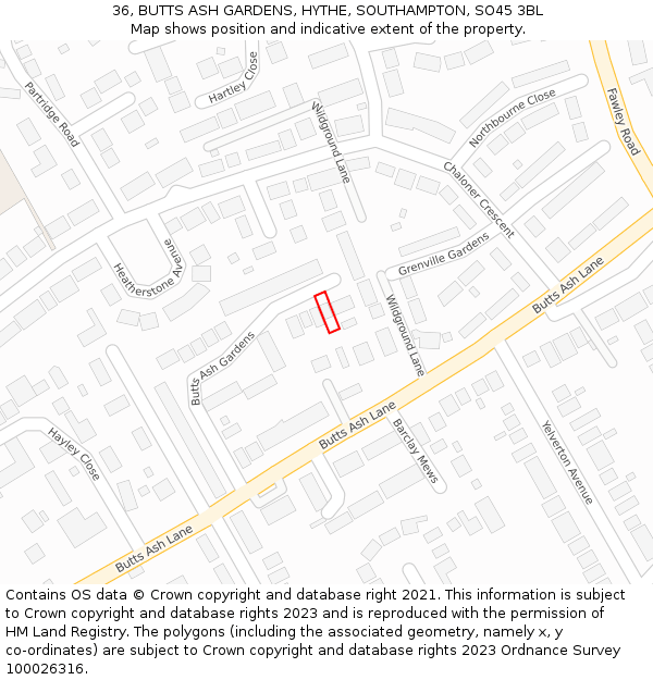 36, BUTTS ASH GARDENS, HYTHE, SOUTHAMPTON, SO45 3BL: Location map and indicative extent of plot
