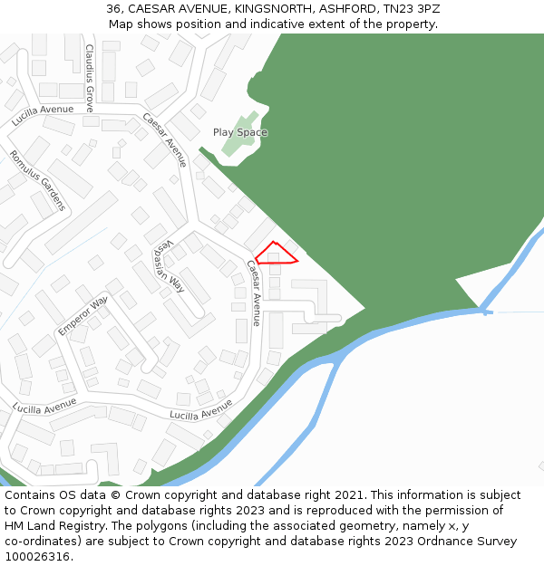 36, CAESAR AVENUE, KINGSNORTH, ASHFORD, TN23 3PZ: Location map and indicative extent of plot