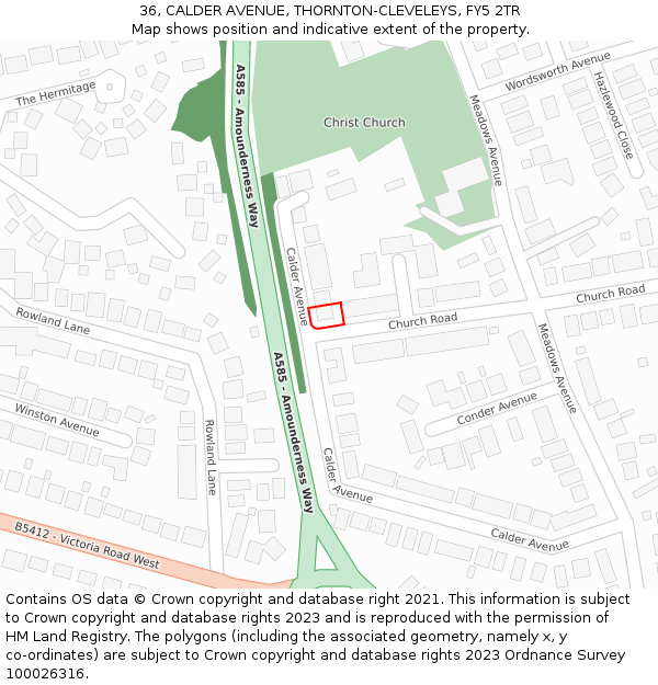 36, CALDER AVENUE, THORNTON-CLEVELEYS, FY5 2TR: Location map and indicative extent of plot