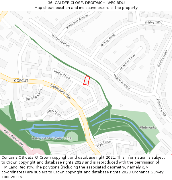 36, CALDER CLOSE, DROITWICH, WR9 8DU: Location map and indicative extent of plot