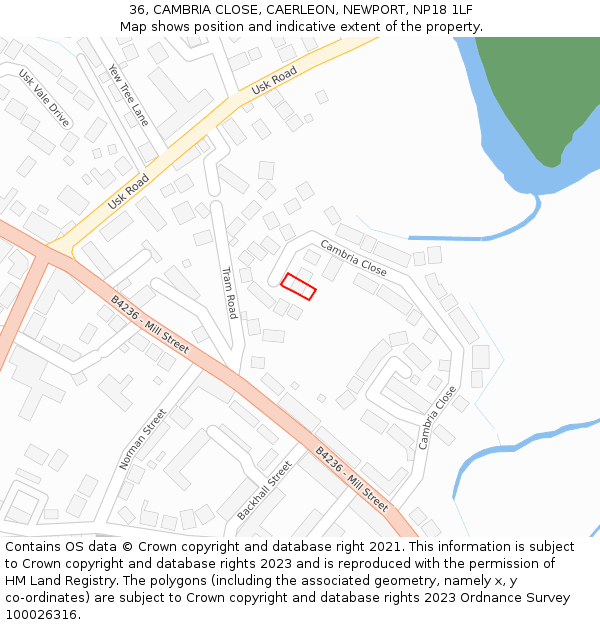 36, CAMBRIA CLOSE, CAERLEON, NEWPORT, NP18 1LF: Location map and indicative extent of plot