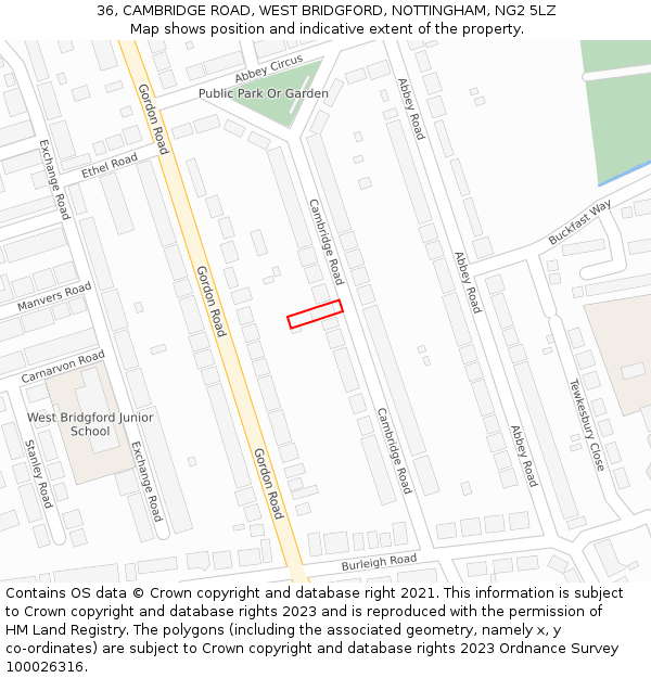 36, CAMBRIDGE ROAD, WEST BRIDGFORD, NOTTINGHAM, NG2 5LZ: Location map and indicative extent of plot