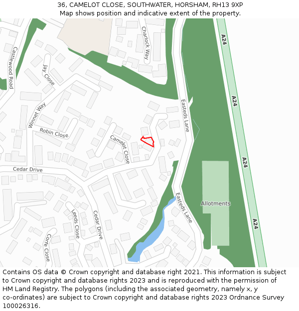 36, CAMELOT CLOSE, SOUTHWATER, HORSHAM, RH13 9XP: Location map and indicative extent of plot