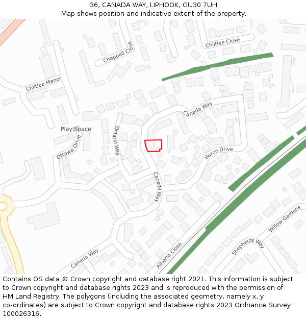 36, CANADA WAY, LIPHOOK, GU30 7UH: Location map and indicative extent of plot