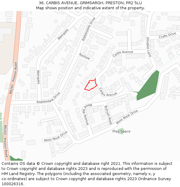 36, CARBIS AVENUE, GRIMSARGH, PRESTON, PR2 5LU: Location map and indicative extent of plot