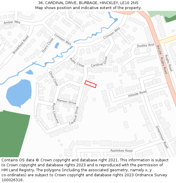 36, CARDINAL DRIVE, BURBAGE, HINCKLEY, LE10 2NS: Location map and indicative extent of plot