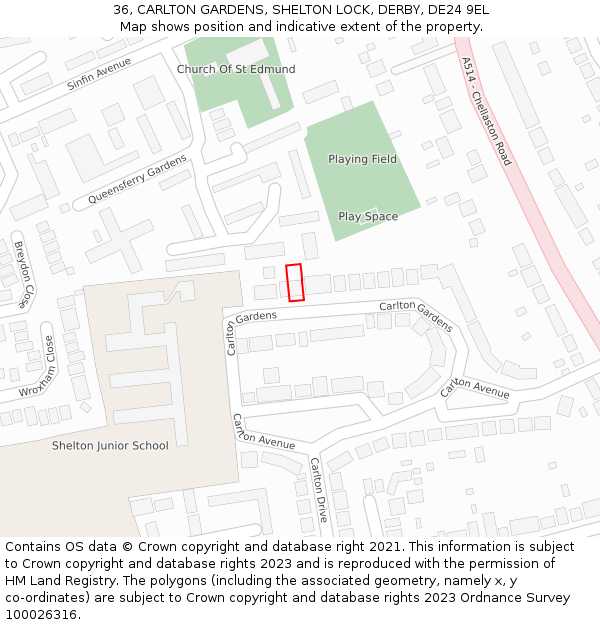 36, CARLTON GARDENS, SHELTON LOCK, DERBY, DE24 9EL: Location map and indicative extent of plot
