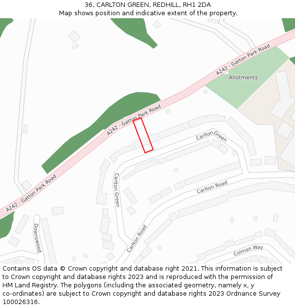 36, CARLTON GREEN, REDHILL, RH1 2DA: Location map and indicative extent of plot