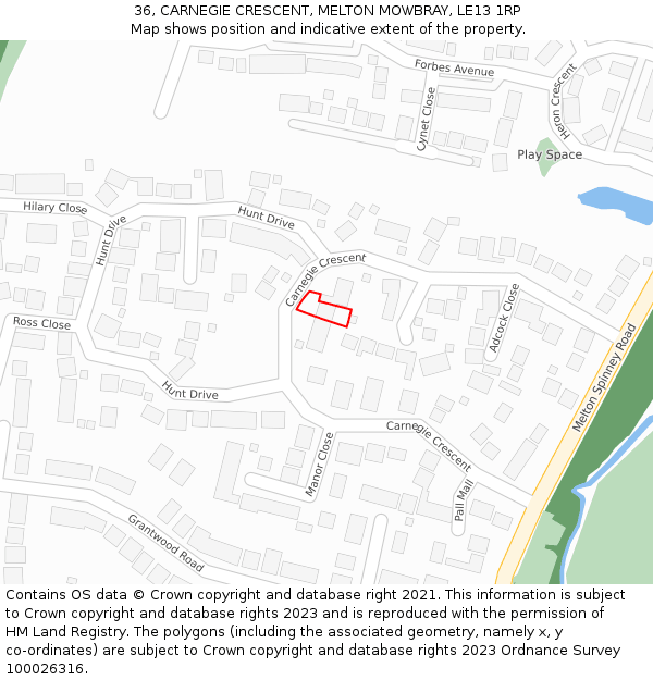 36, CARNEGIE CRESCENT, MELTON MOWBRAY, LE13 1RP: Location map and indicative extent of plot