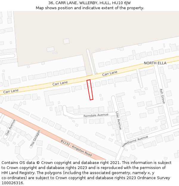 36, CARR LANE, WILLERBY, HULL, HU10 6JW: Location map and indicative extent of plot