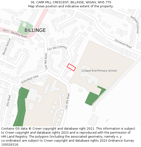 36, CARR MILL CRESCENT, BILLINGE, WIGAN, WN5 7TS: Location map and indicative extent of plot