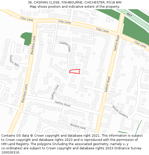 36, CASPIAN CLOSE, FISHBOURNE, CHICHESTER, PO18 8AY: Location map and indicative extent of plot