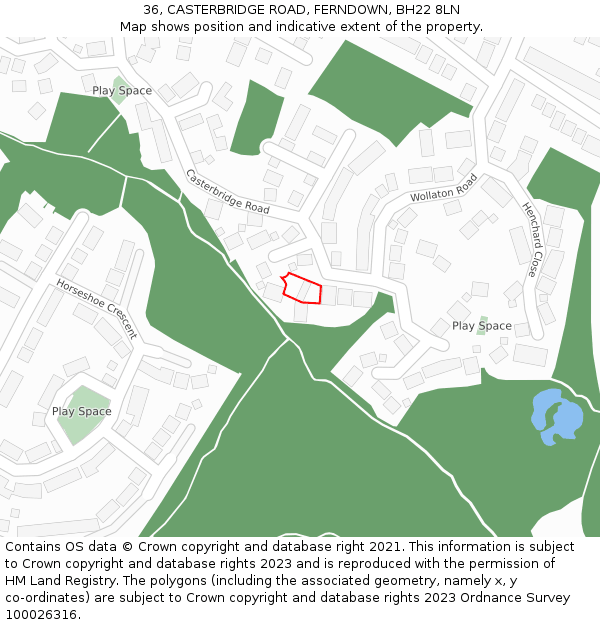 36, CASTERBRIDGE ROAD, FERNDOWN, BH22 8LN: Location map and indicative extent of plot