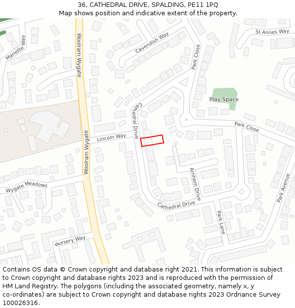 36, CATHEDRAL DRIVE, SPALDING, PE11 1PQ: Location map and indicative extent of plot
