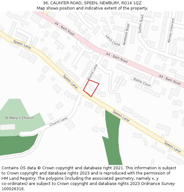 36, CAUNTER ROAD, SPEEN, NEWBURY, RG14 1QZ: Location map and indicative extent of plot