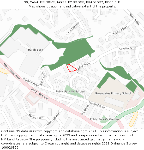 36, CAVALIER DRIVE, APPERLEY BRIDGE, BRADFORD, BD10 0UF: Location map and indicative extent of plot