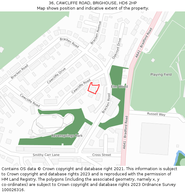 36, CAWCLIFFE ROAD, BRIGHOUSE, HD6 2HP: Location map and indicative extent of plot